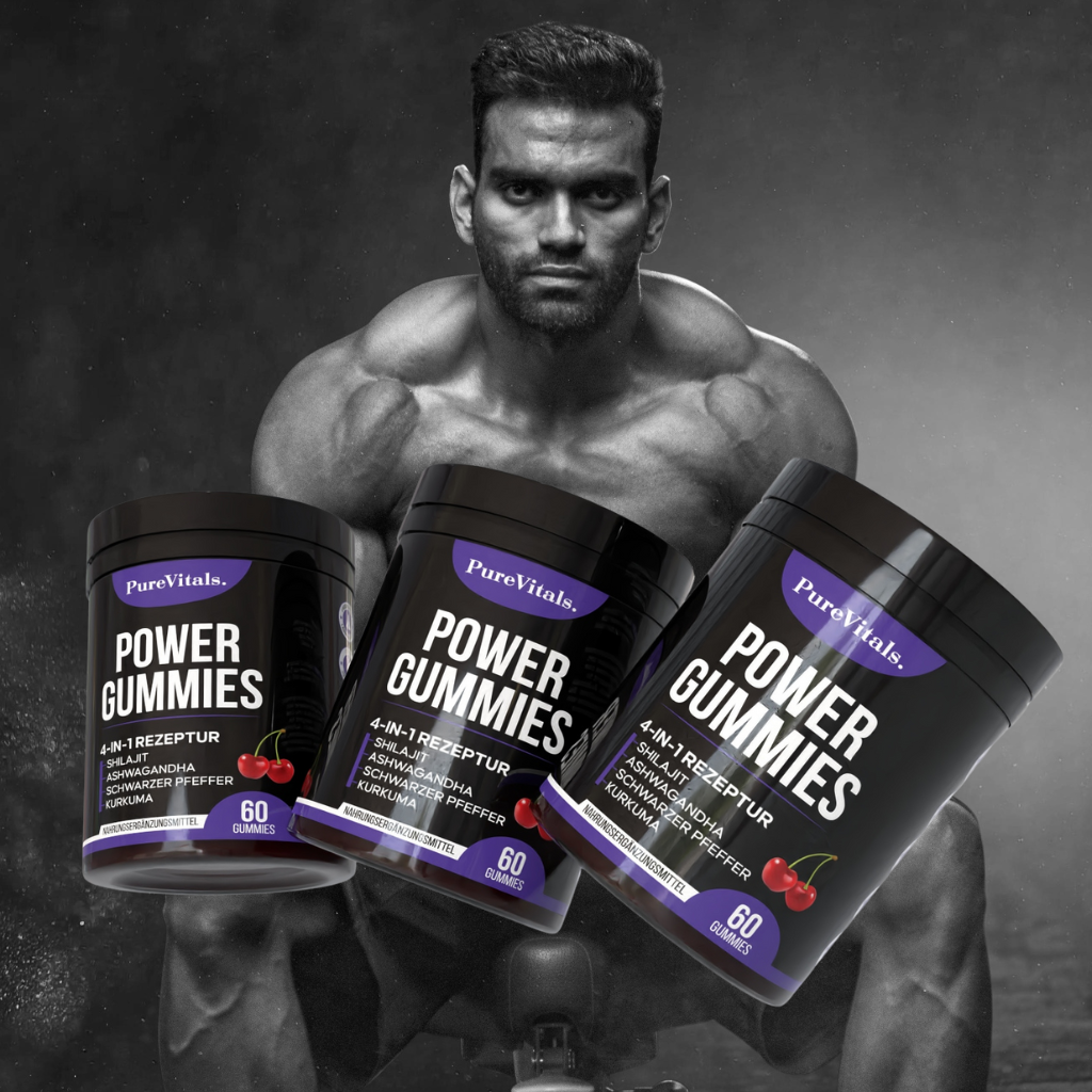 PureVitals® Athletischer Mann nach PureVitals Power Gummies – Shilajit-Formel zur Steigerung von Energie, Fokus und Muskelkraft bei Männern | PureVitals